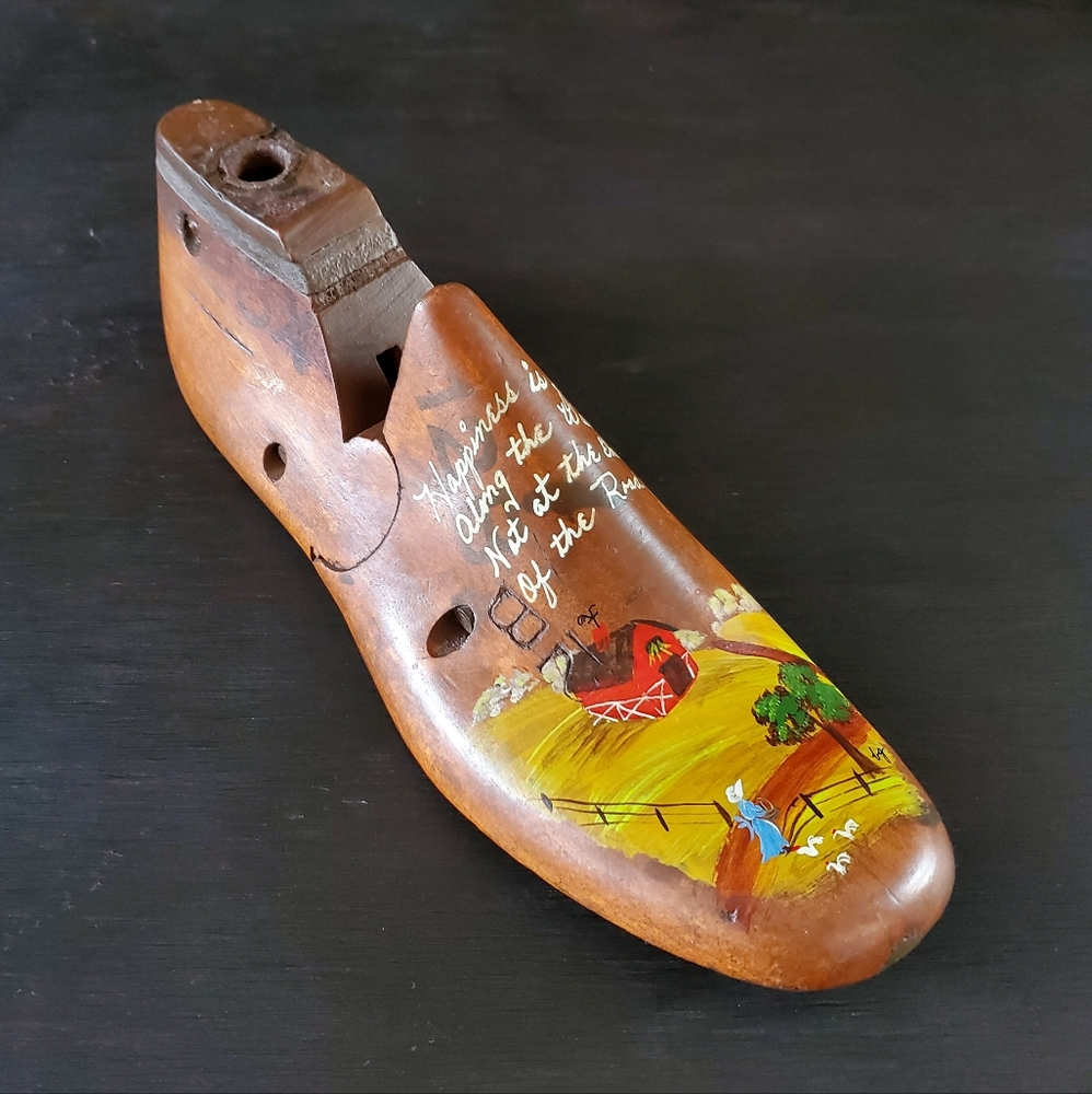 Vintage Hand Painted Folk Art Wooden Child's Shoe Tole Rustic Farmhouse Decor